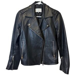 Sandro Paris Black 100%‎ Lamb Leather Moto Jacket Zip Asymmetrical Womens Sz 2